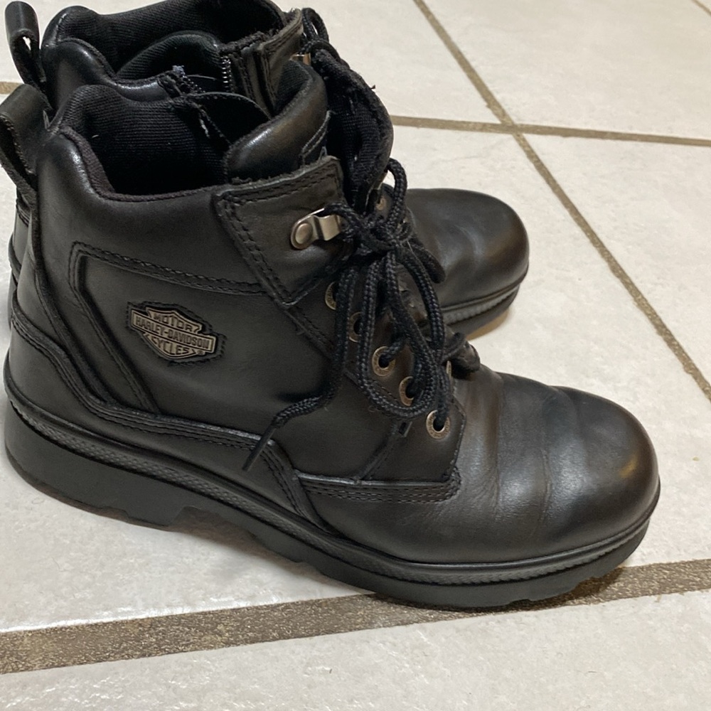 Harley-Davidson Black Leather Ankle Boots Lace-Up Durable, side sipper. - Picture 4 of 12